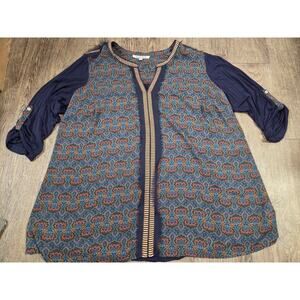 Black Rainn Mixed Media Embroidered Raw Edge Blouse Navy Top Plus Size 1X